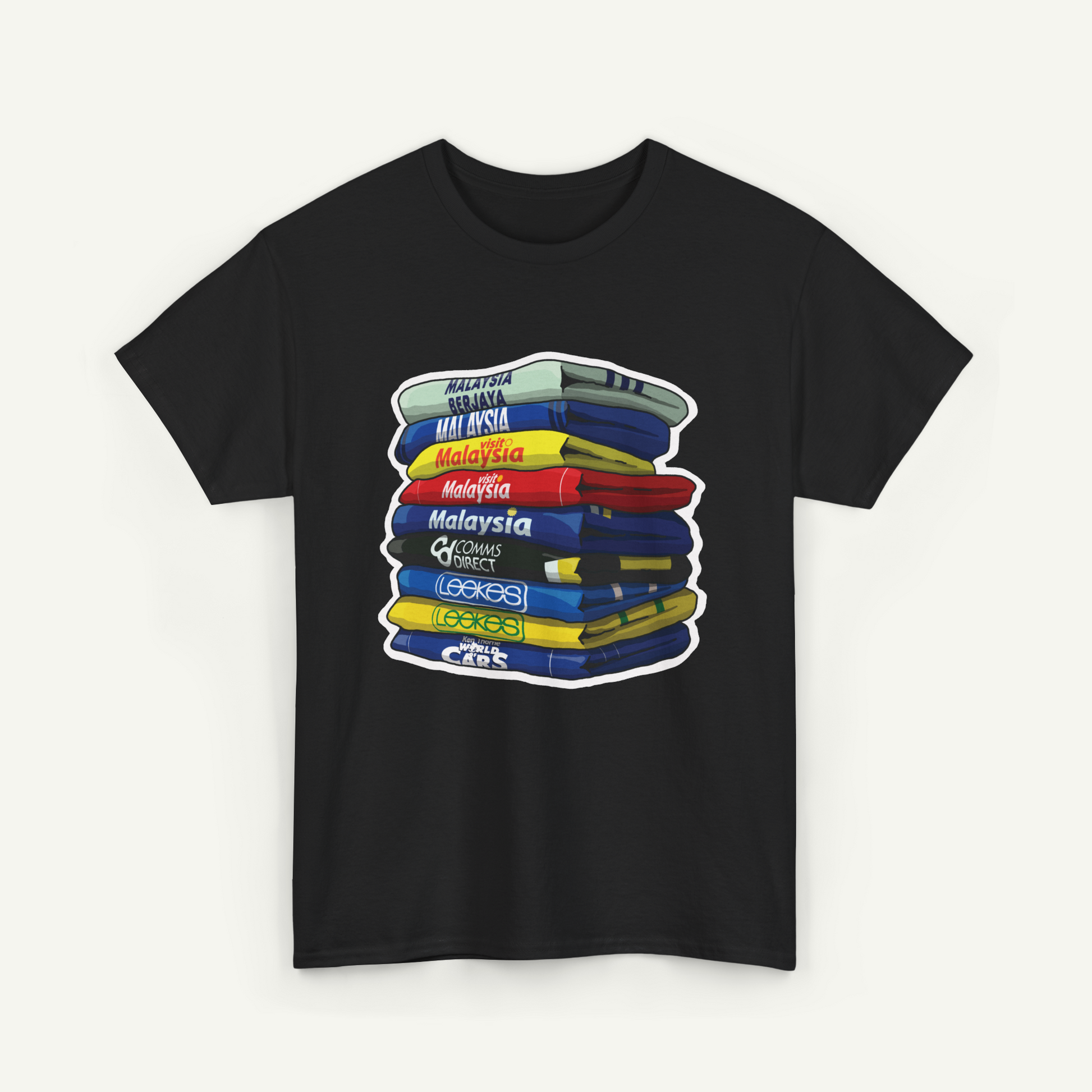 A black t-shirt with a graphic design depicting a stack of colorful books or books, representing the countries of Malawi, Malaysia, and other countries in Africa.
