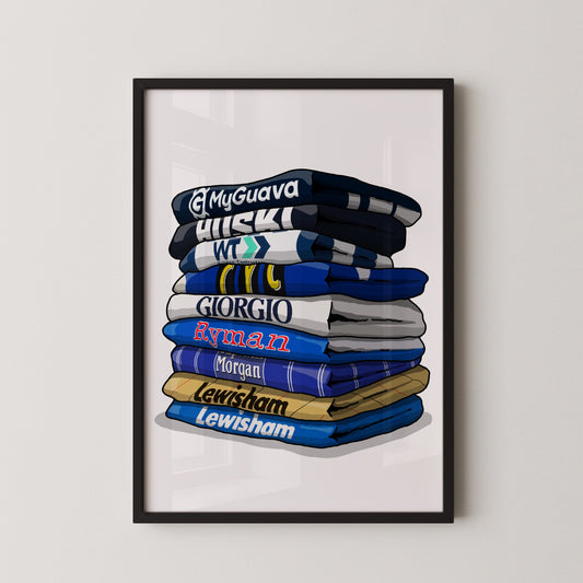 A framed illustration of a stack of various sports jerseys, each with different text and logos, including "MyGuava", "HICKS", "GIORGIO", "RYMAN", "MORGAN", and "LEWISHAM".