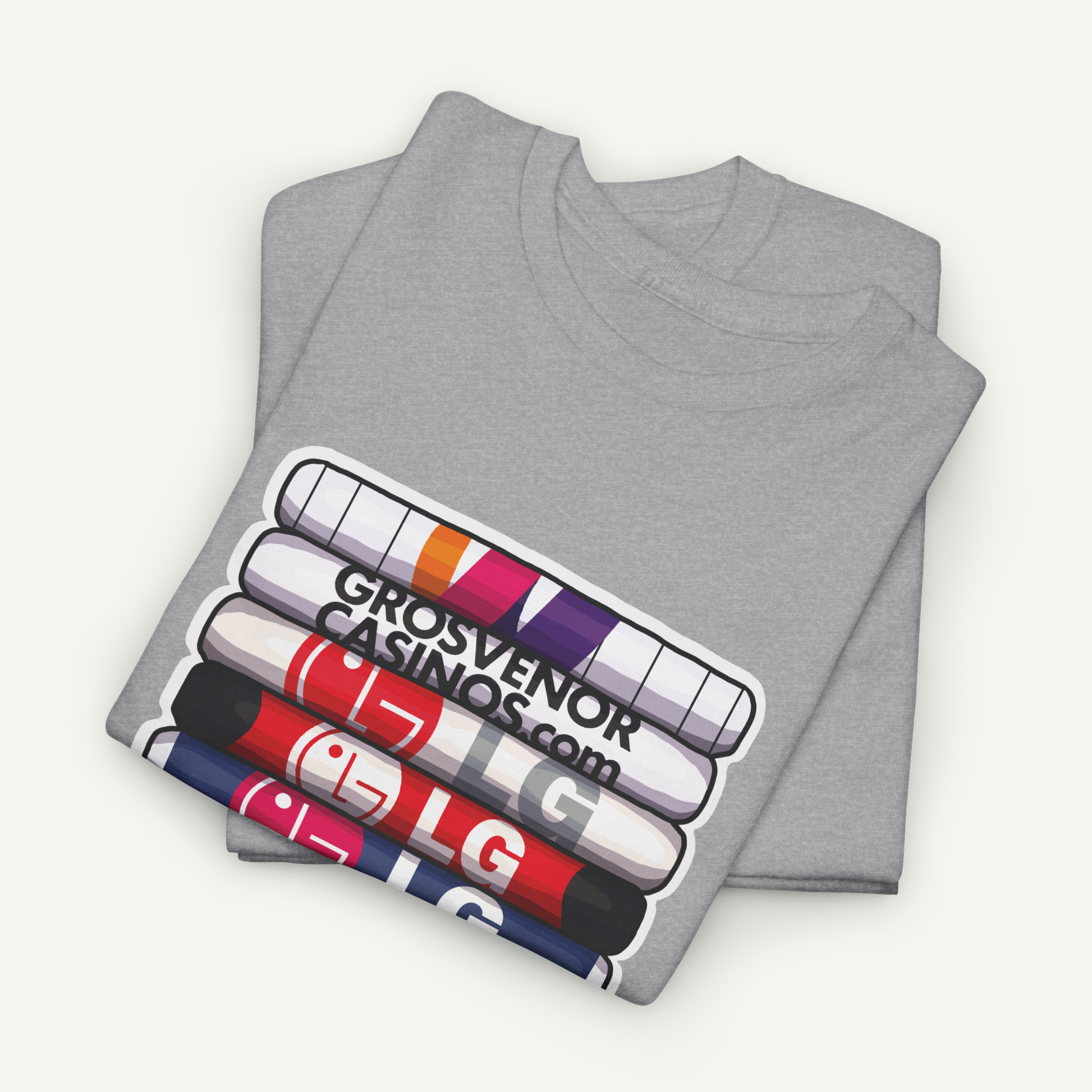 a gray t-shirt with a graphic design featuring a stack of colorful bars or blocks, along with the text "GROSVENOR CASINO.COM".
