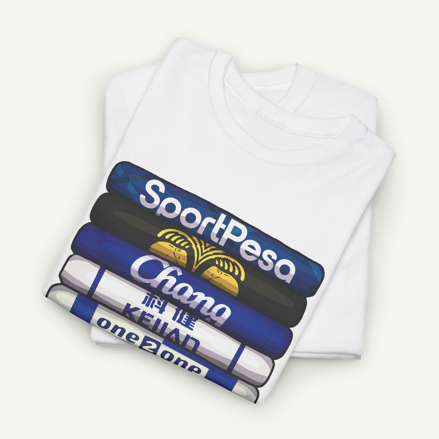 A white t-shirt with a graphic design featuring a stack of books with the text "SportPesa Chana Keiyan" printed on them.