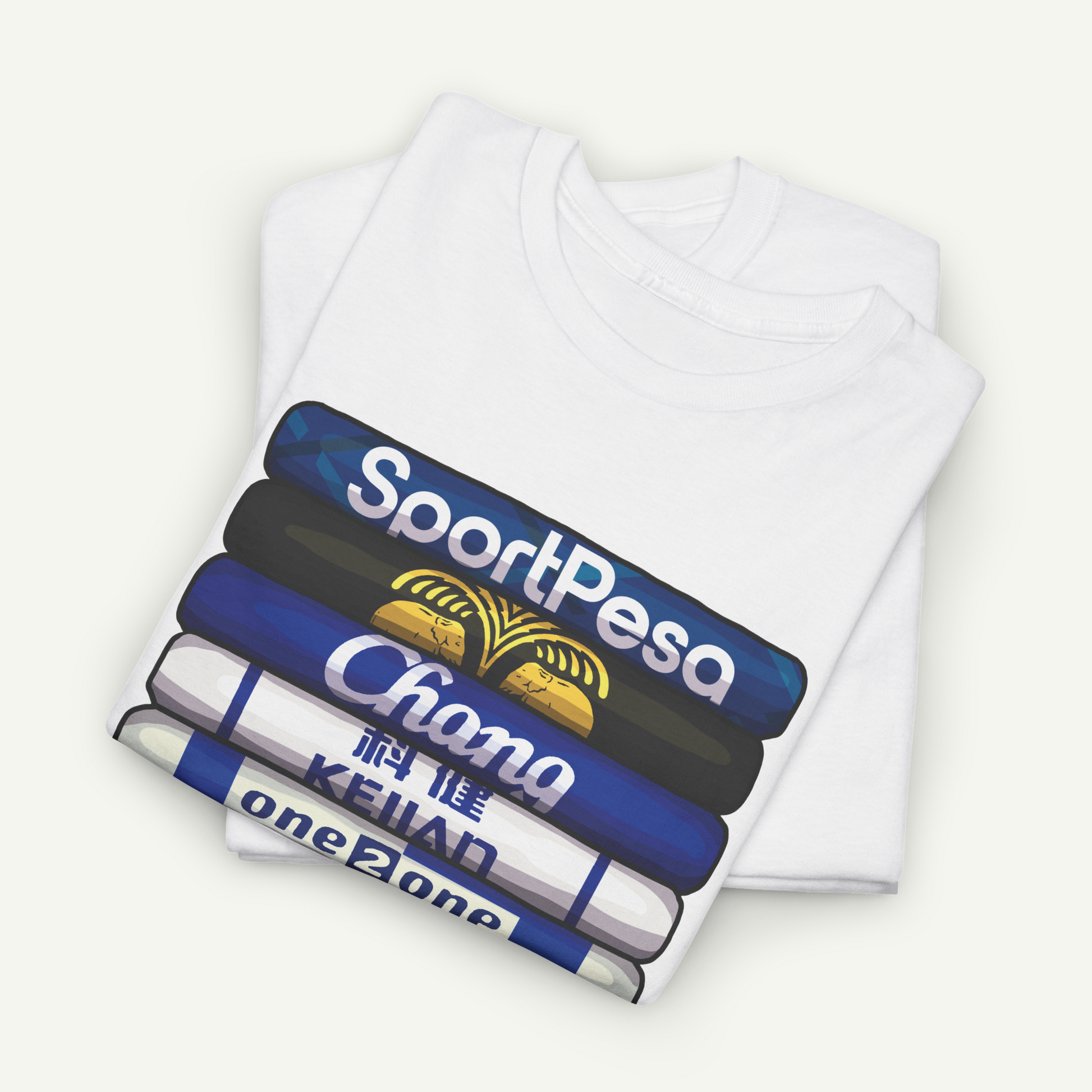 A white t-shirt with a graphic design featuring a stack of books with the text "SportPesa Chana Keiyan" printed on them.