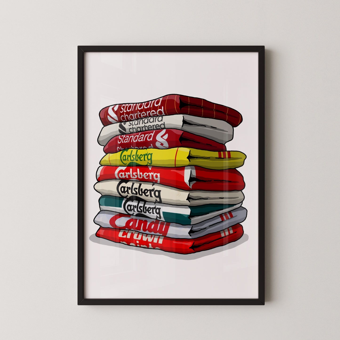 A framed illustration of a stack of colorful towels or blankets, each with a different pattern or color.