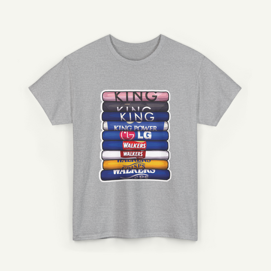A gray t-shirt with a graphic design featuring a stack of colorful bars with various text and logos on them.