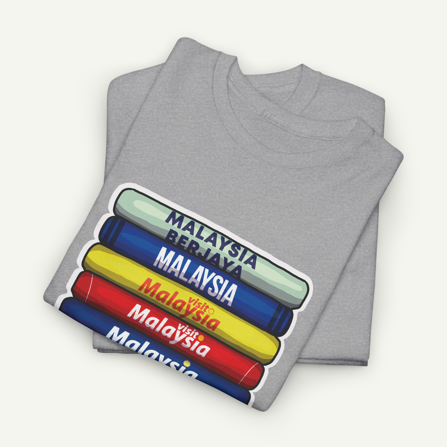 A gray t-shirt with a graphic design depicting the countries of Malaysia in a stacked arrangement.