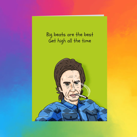a cartoon-style illustration of a man with a cigarette in his mouth, set against a vibrant gradient background.