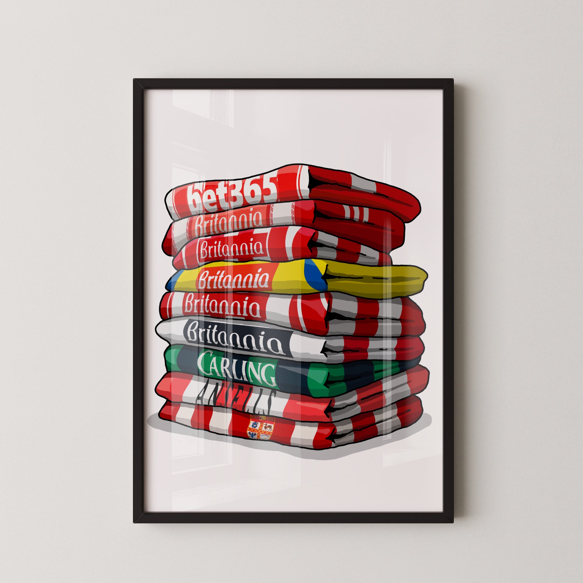 A framed illustration of a stack of towels with the text "Bet365" printed on them.