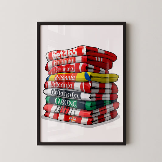 A framed illustration of a stack of towels with the text "Bet365" printed on them.