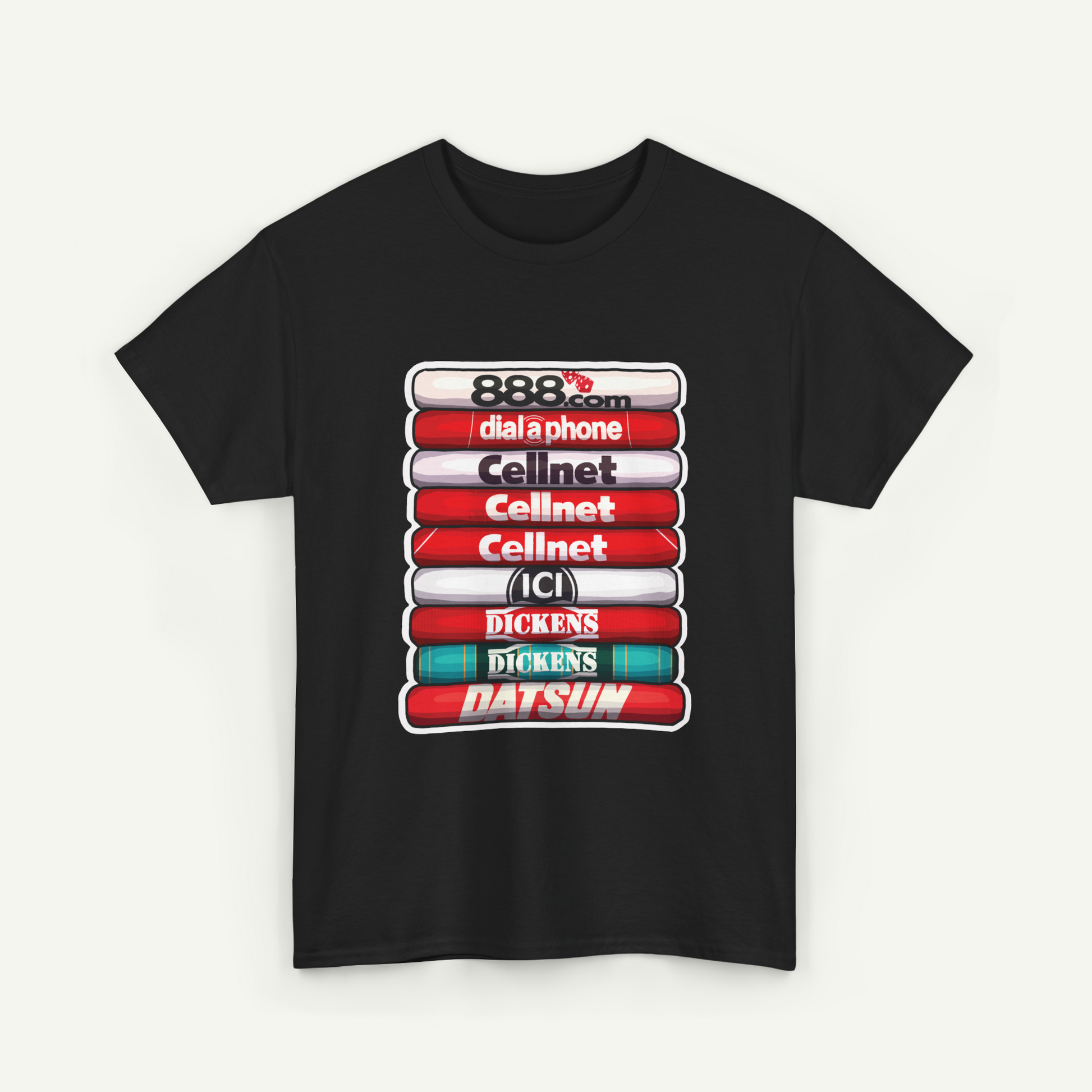 A black t-shirt with a graphic design featuring a stack of colored tubes with text on them.