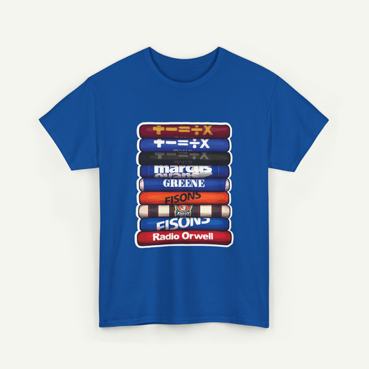 A blue t-shirt with a graphic design depicting a stack of colored books or magazines, each with a different title or logo, such as "FISONS" and "Radio Orwell".