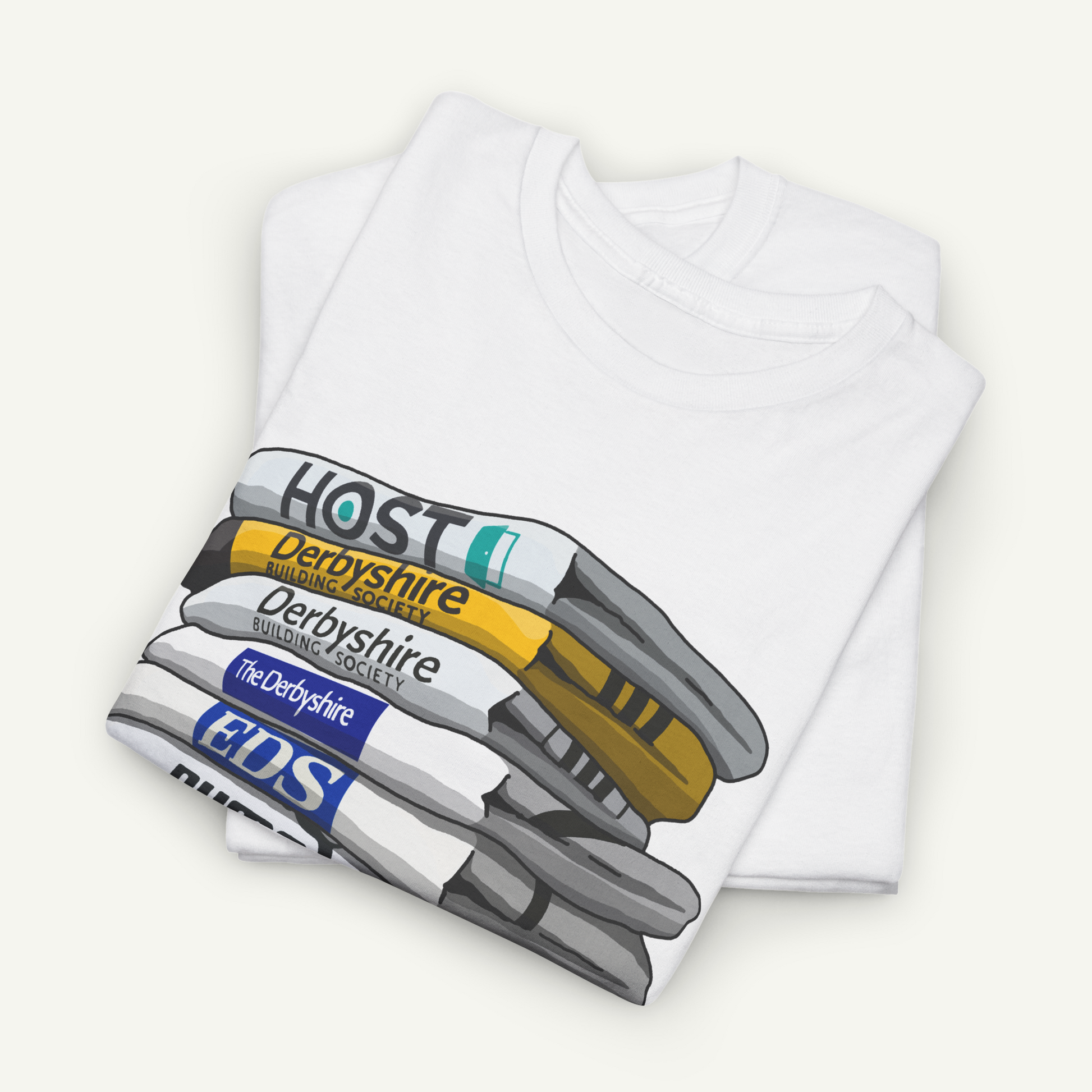 A white t-shirt with a graphic design depicting a stack of books or magazines with the text "Host" printed on them.