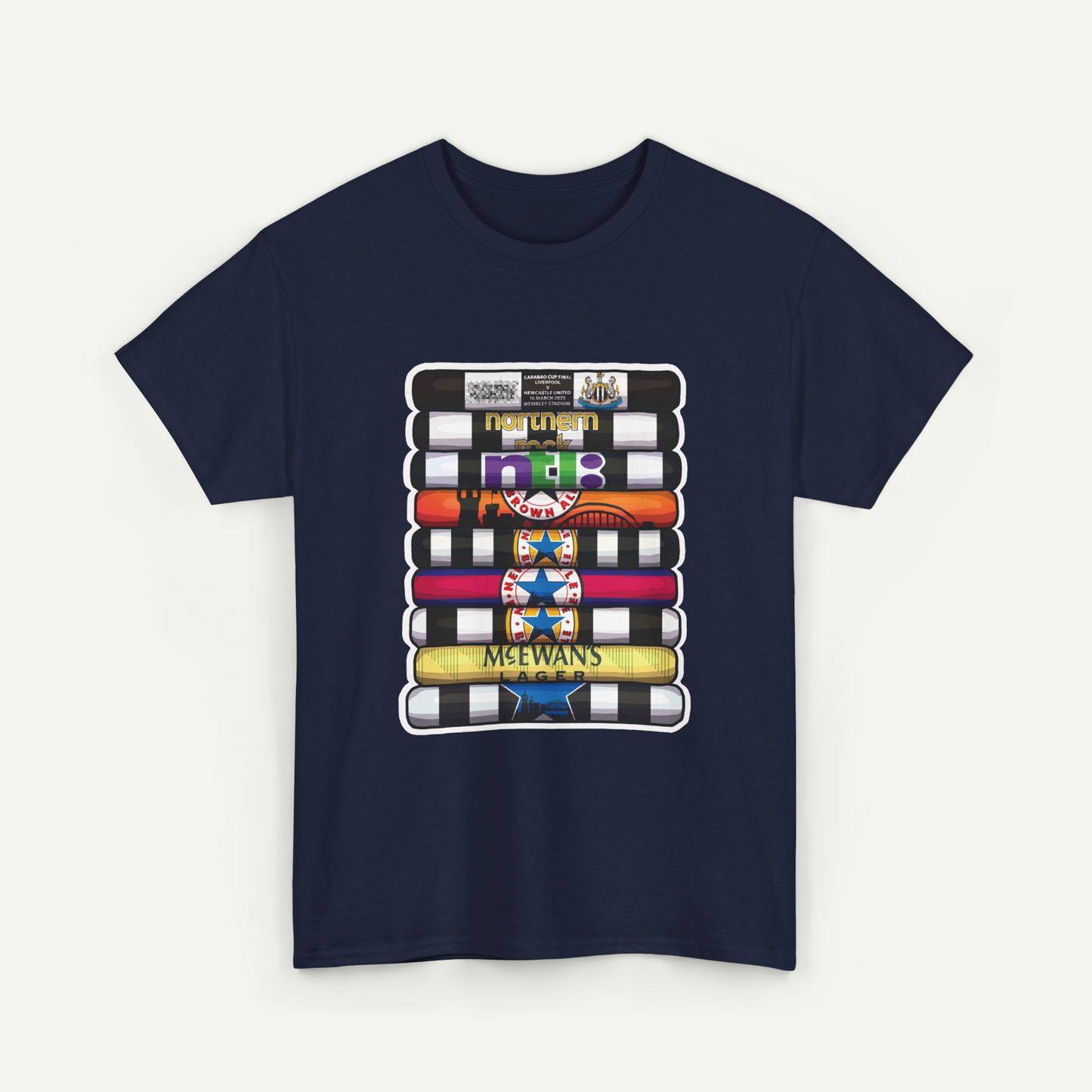 A navy blue t-shirt with a graphic design featuring a stack of colorful video tapes or tapes with various logos and text on them.