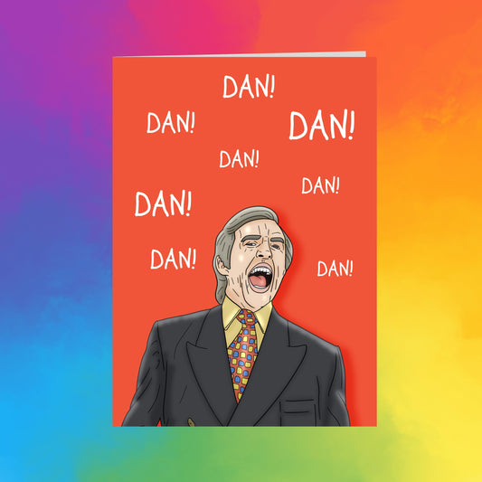 a man in a suit and tie, with the text "DAN!" appearing multiple times around him, suggesting he is shouting or shouting.