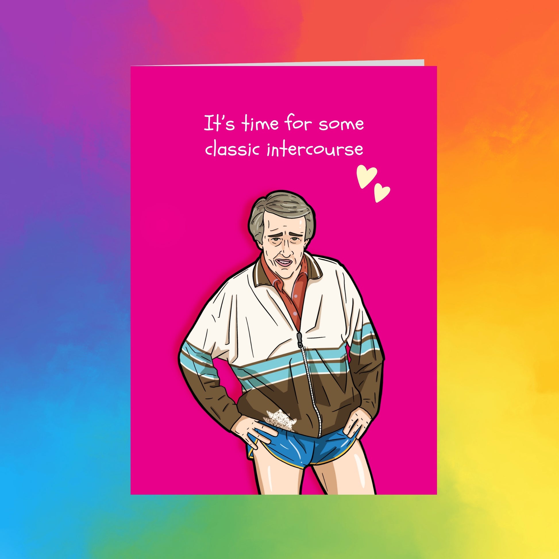 a man wearing a white and blue jacket, shorts, and a red shirt, with a pink background and a caption that reads "It's time for some classic intercourse".