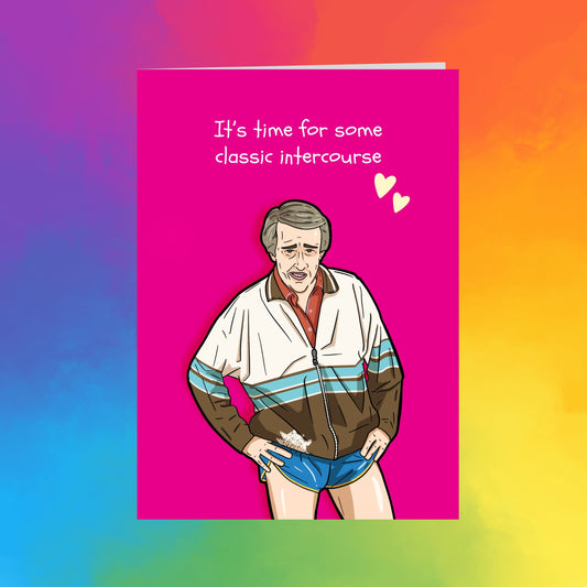 a man wearing a white and blue jacket, shorts, and a red shirt, with a pink background and a caption that reads "It's time for some classic intercourse".