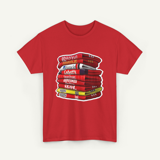A red t-shirt with a graphic design depicting a stack of books with various titles and authors' names.