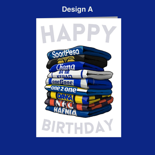 A stack of colorful sports jerseys piled on top of each other, with the text "Happy Birthday" displayed below.