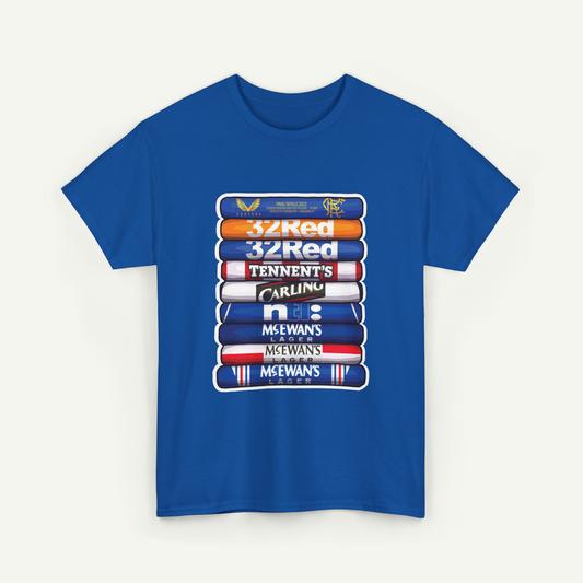 A blue t-shirt with a graphic design featuring a stack of various colored bars, each displaying a different brand logo.