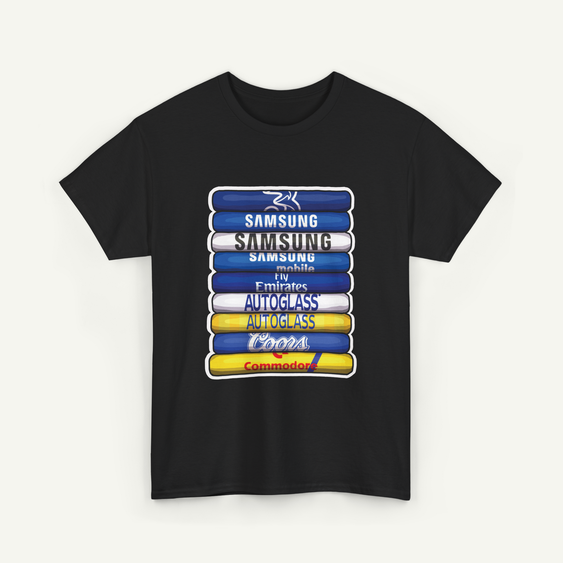 A black t-shirt with a graphic design featuring a stack of seven colorful books or icons, each representing a different brand or company.