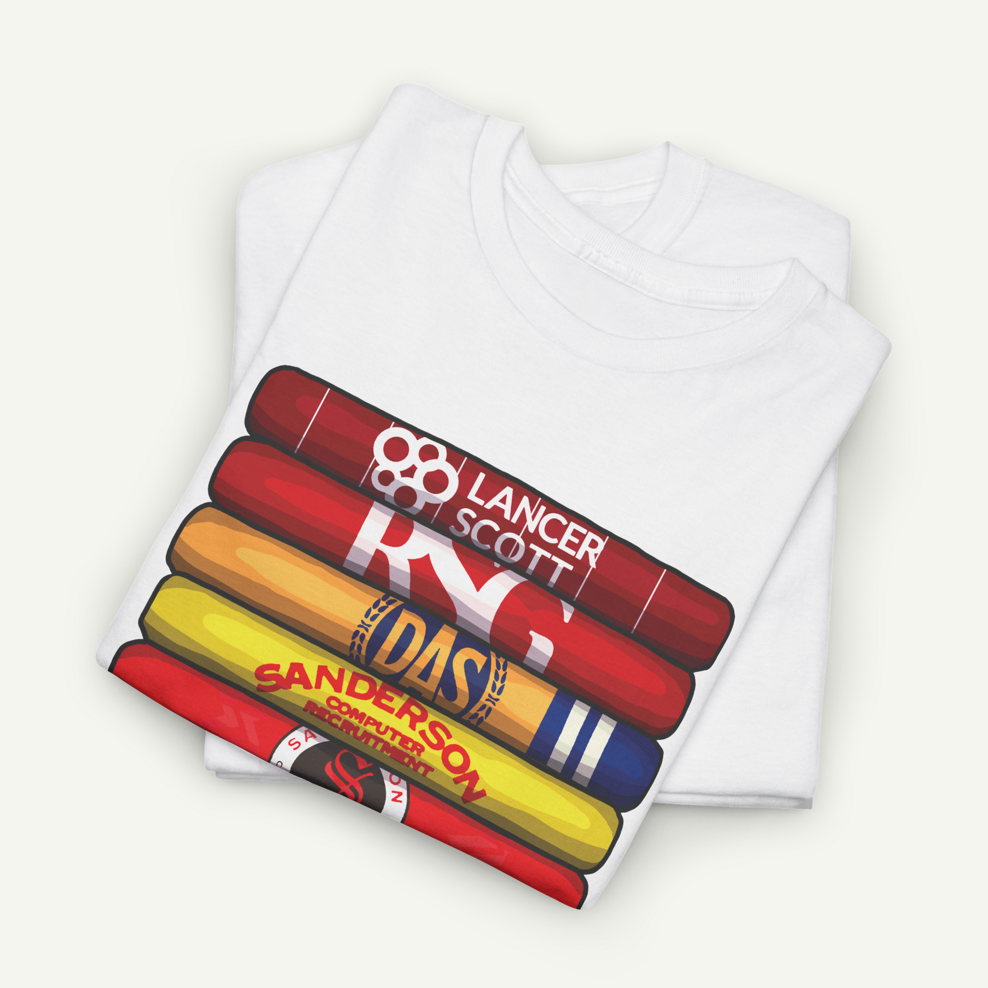 A white t-shirt with a graphic design depicting a stack of colorful cigar tobasils, each displaying a different brand name.