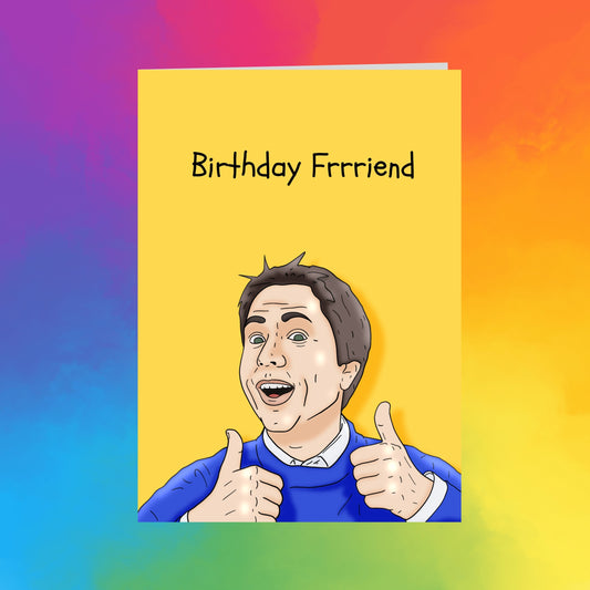 A cartoon illustration of a man giving a thumbs up, with the text "Birthday Frrfriend" written above him.