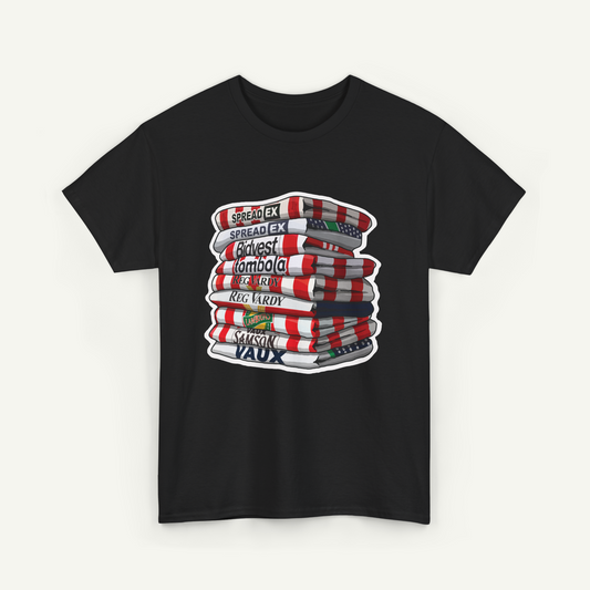 A black t-shirt with a graphic design depicting a stack of books with various text labels on the spines.
