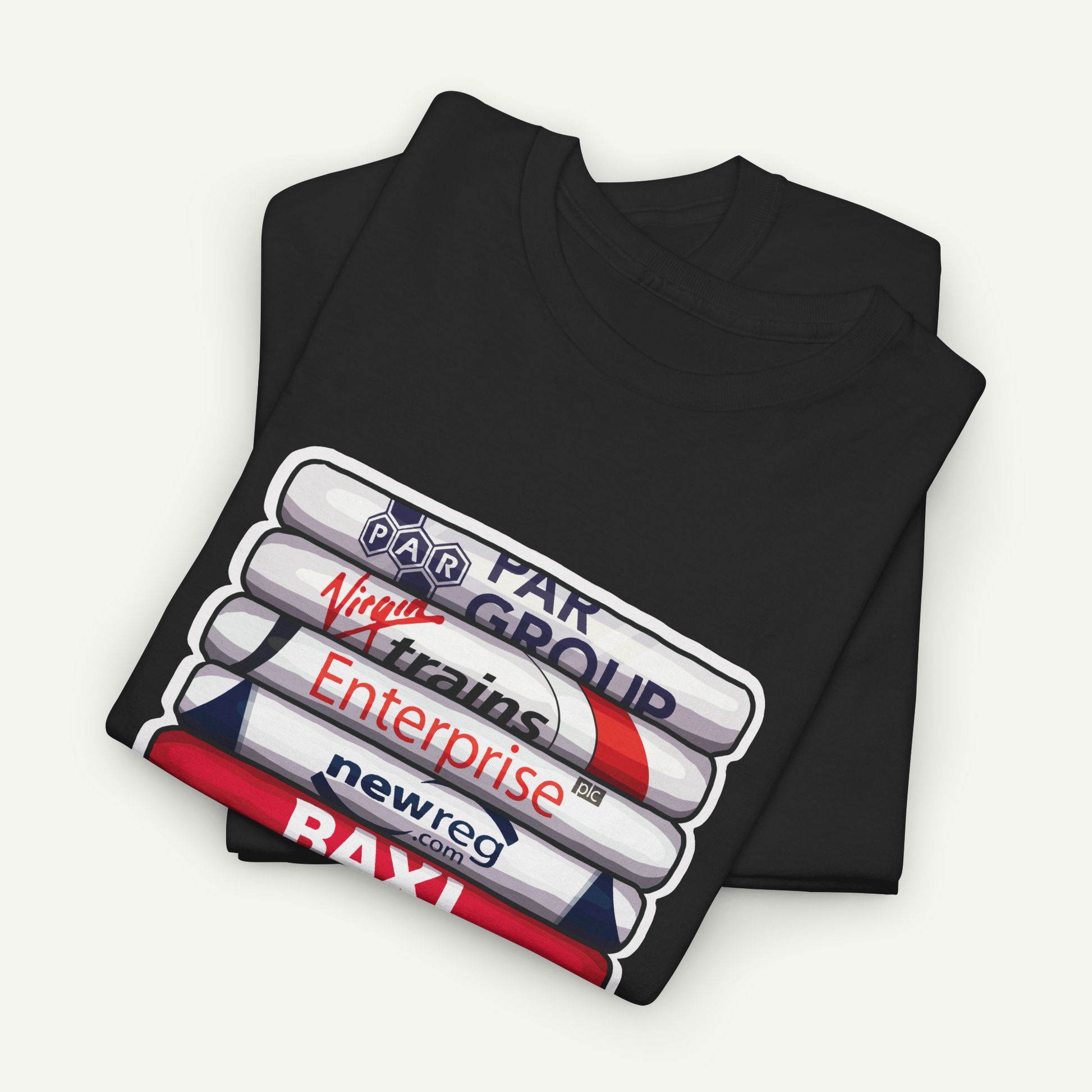 A black t-shirt with a graphic design featuring a stack of colorful tubes or cylinders, each with a different company logo printed on it.