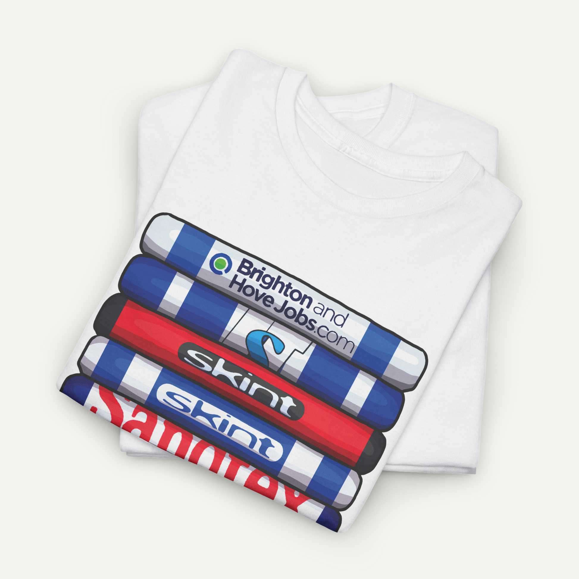 A white t-shirt with a graphic design featuring a stack of colorful markers or highlighters with various text and logos printed on them.
