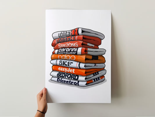 A hand is holding a poster with a stack of books or magazines, each with different colored covers, representing various brands or products.