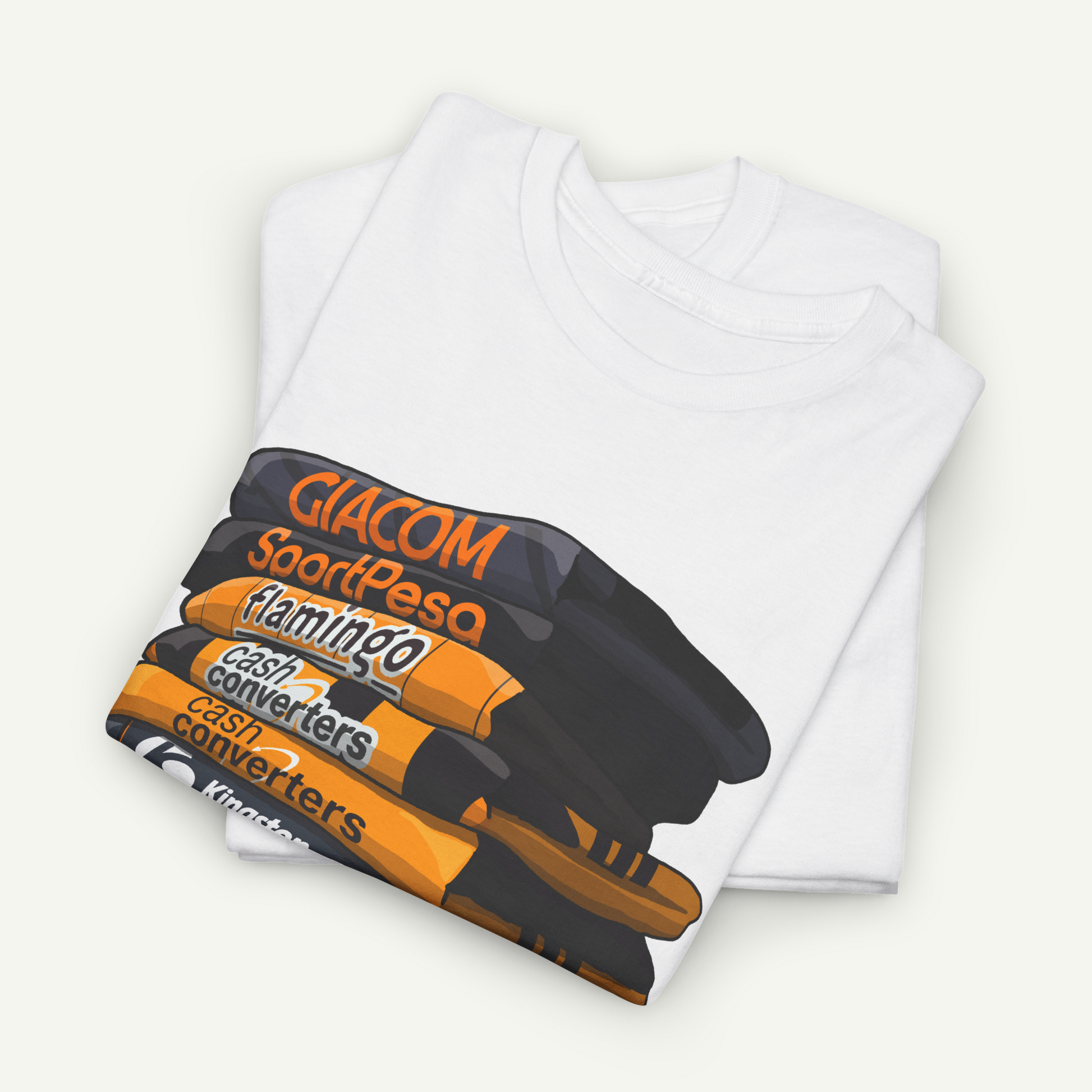 A white t-shirt with a graphic design depicting a stack of various objects, including a flamingo, cash converters, and a stack of books.