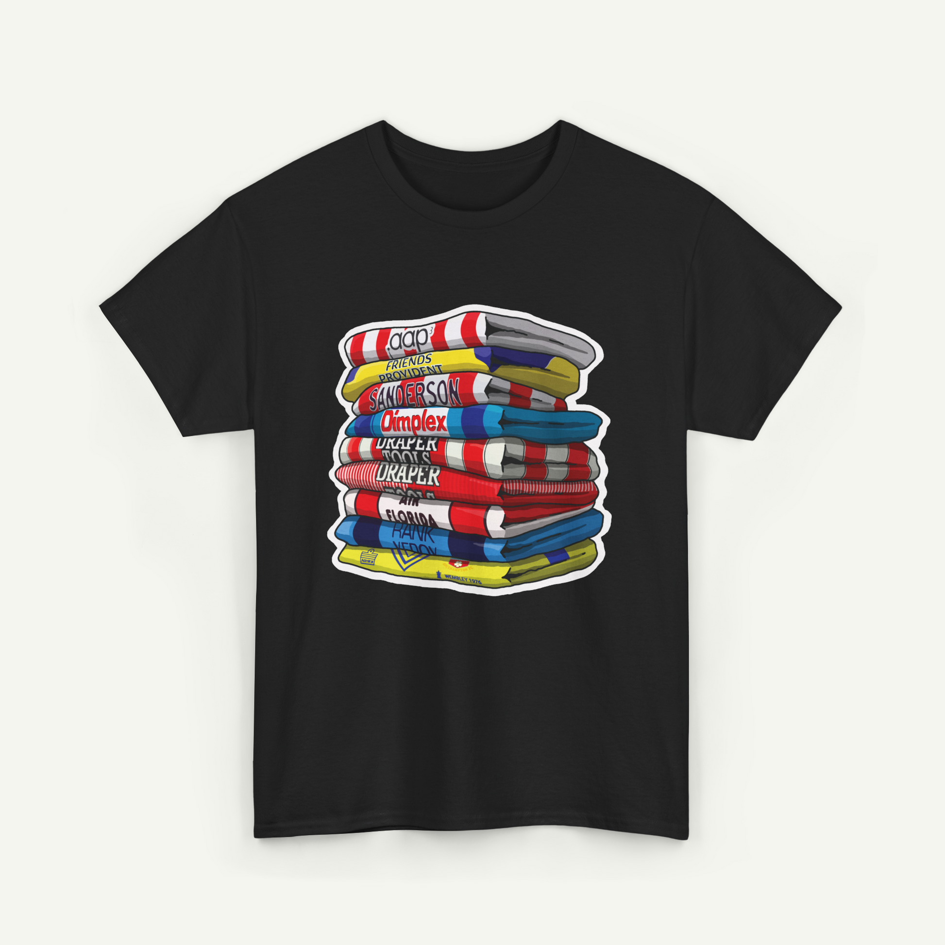 A black t-shirt with a colorful graphic design depicting a stack of various colored towels or blankets.