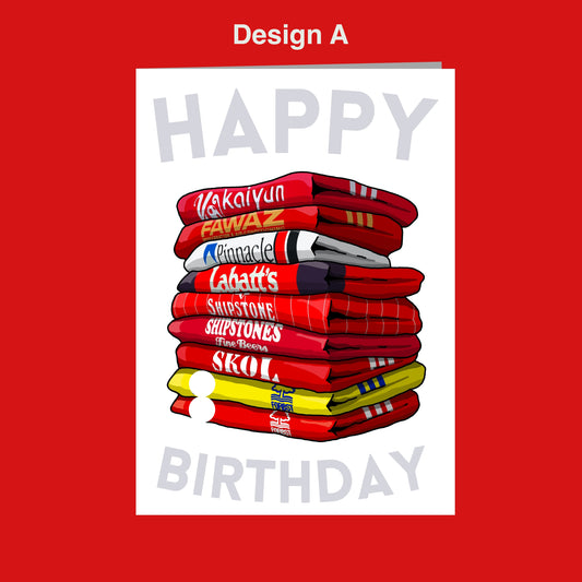 A stack of red and white striped towels with the text "Happy Birthday" written on them, set against a red background.