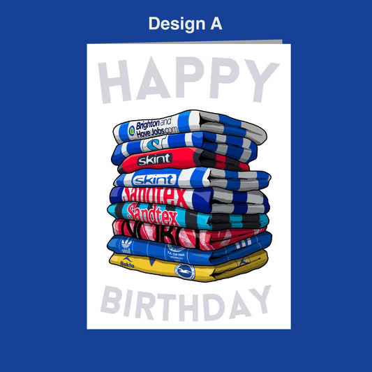 A stack of colorful towels with various logos, including "Skint", "Nordex", "SANDEX", and "Bike". The text "Design A" is displayed above the towels, and "HAPPY BIRTHDAY" is written below the stack.