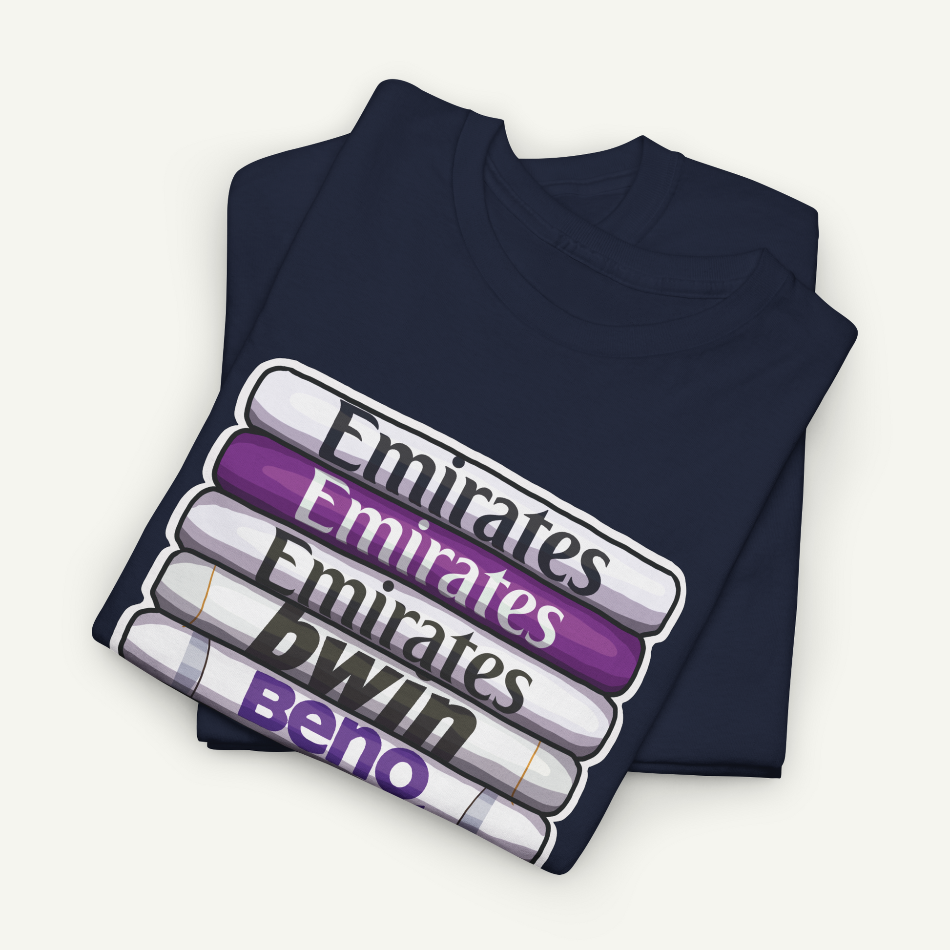 A dark blue t-shirt with a graphic design featuring the text "Emirates", "Emirates", "BENO", and "Emirates" in a stacked arrangement.