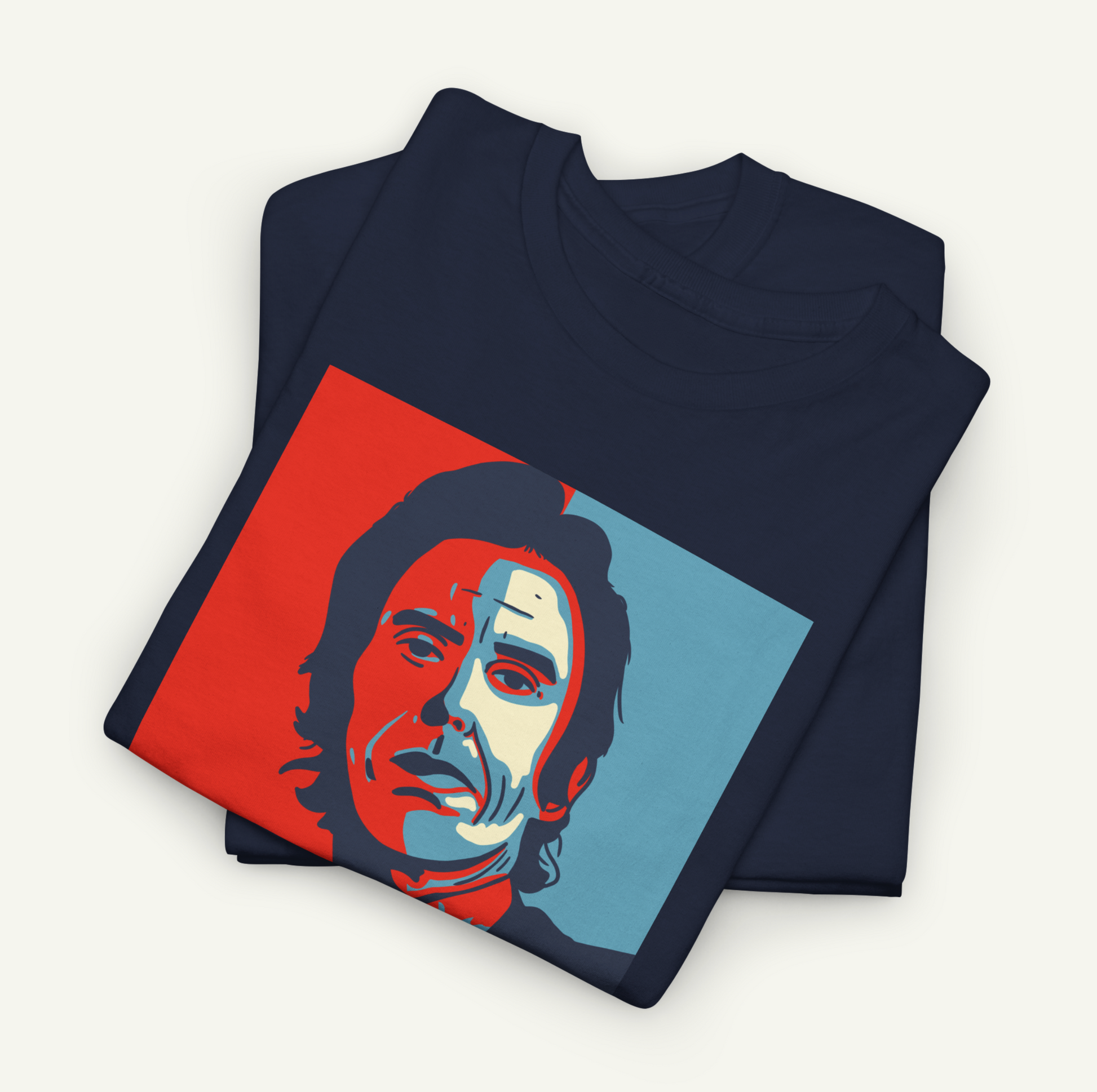 a t-shirt with a graphic design depicting a man's face in a stylized manner.