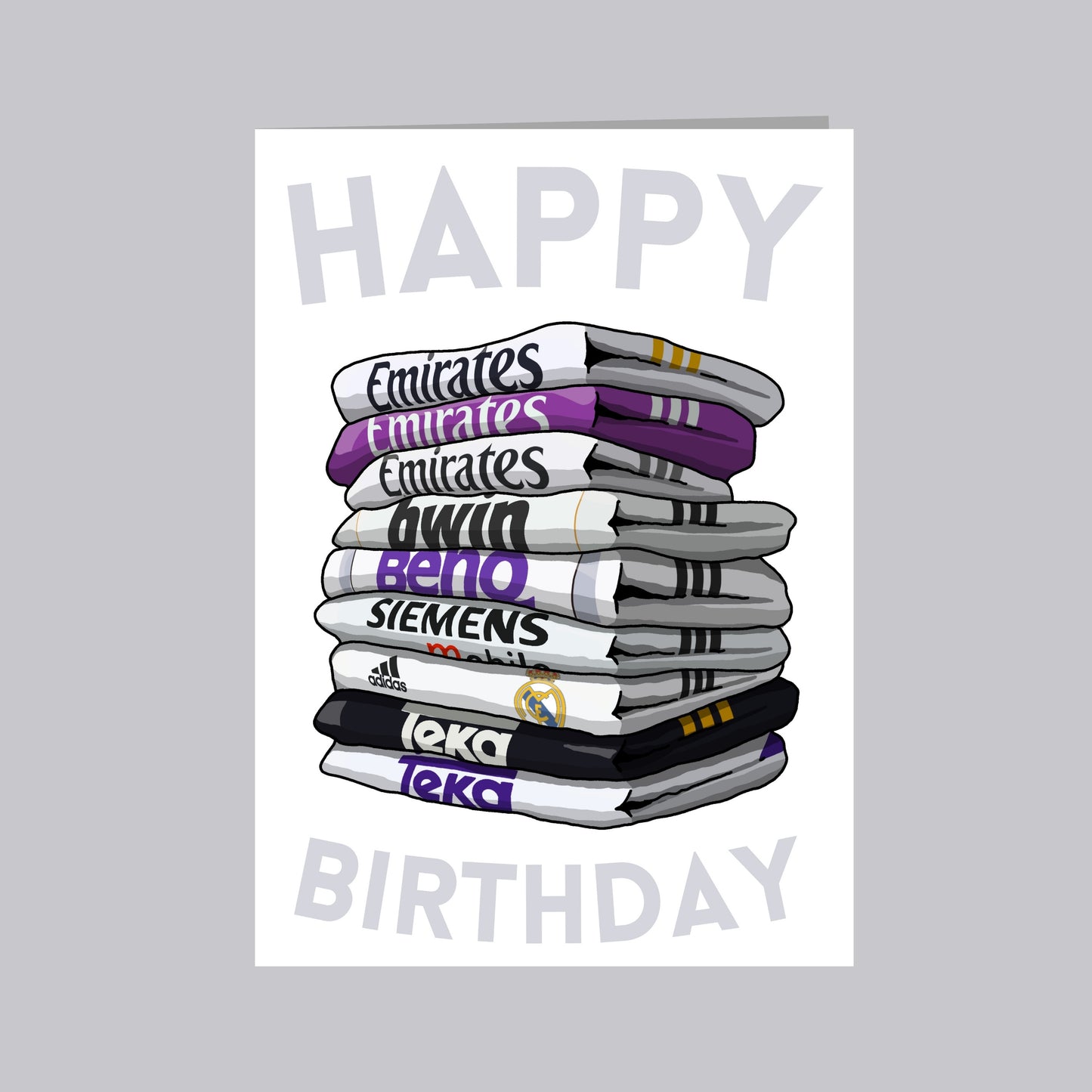 A stack of towels with various logos and text, including "Emirates", "Emirates", "BENO", "Siemens", "adidas", and "Teka". The text "HAPPY BIRTHDAY" is displayed at the bottom of the image.