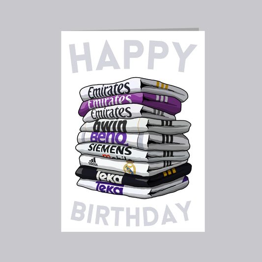 A stack of towels with various logos and text, including "Emirates", "Emirates", "BENO", "Siemens", "adidas", and "Teka". The text "HAPPY BIRTHDAY" is displayed at the bottom of the image.