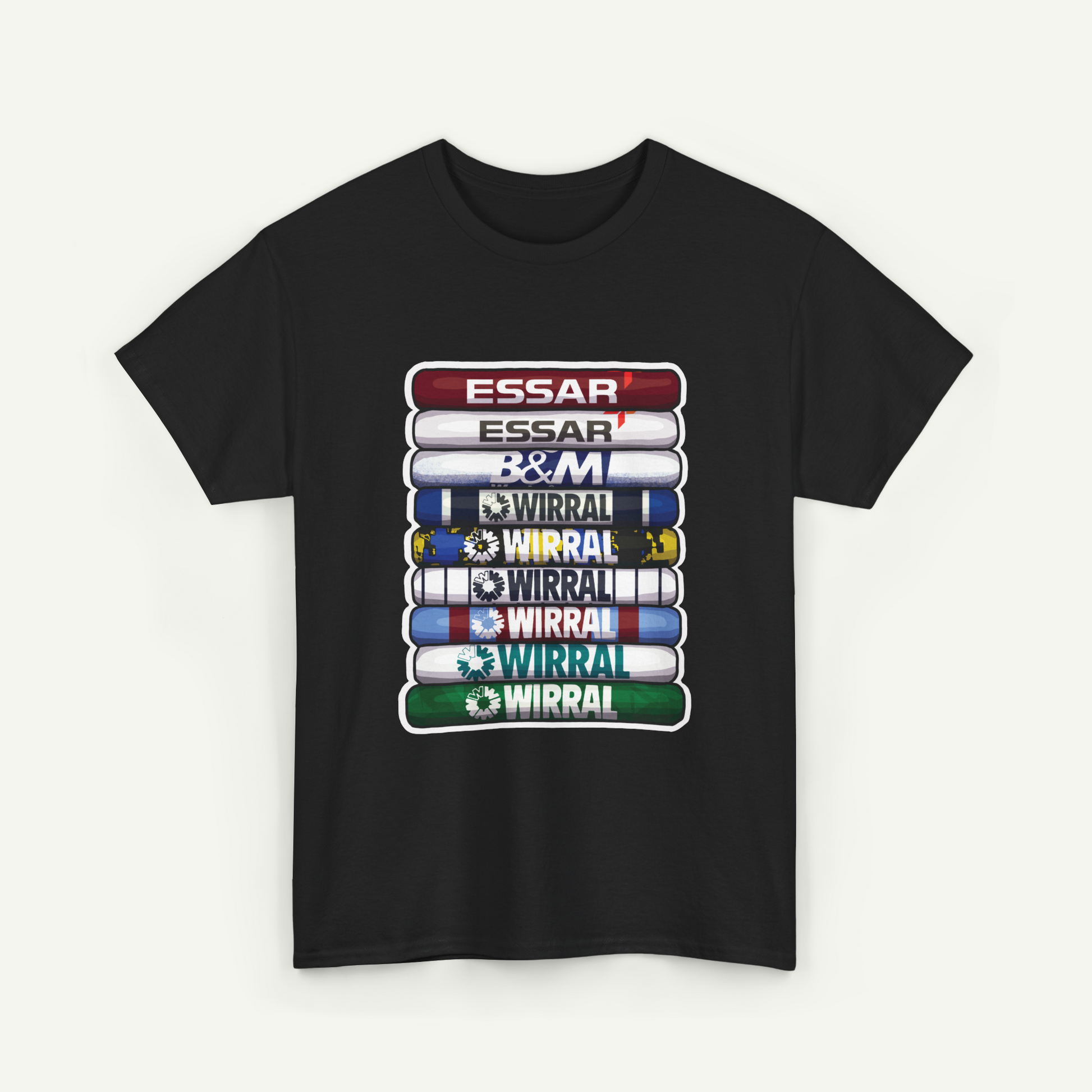 A black t-shirt with a graphic design featuring a stack of colorful tubes or cylinders, each with a different colored label.
