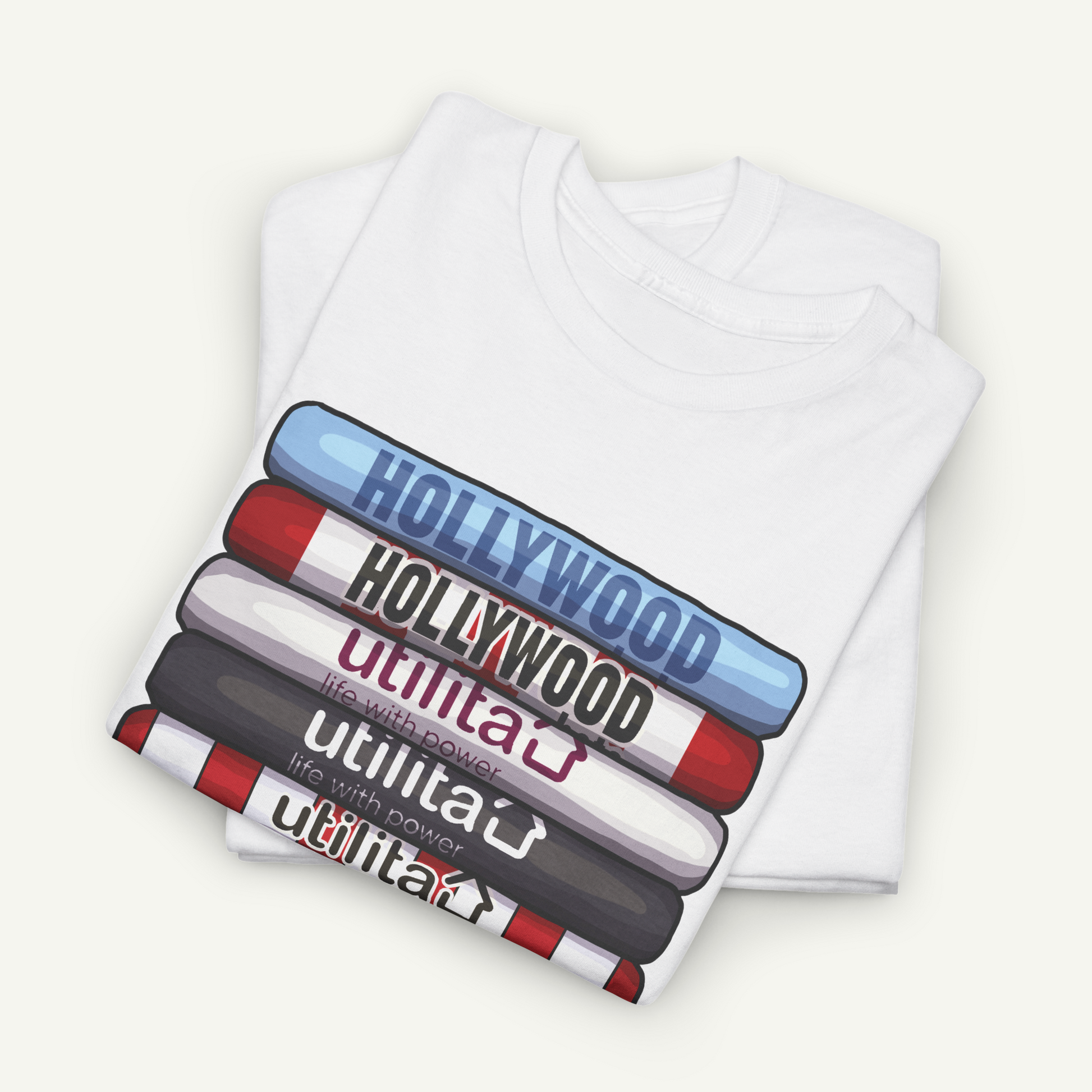 A white t-shirt with a graphic design depicting the Hollywood and Utila logos stacked vertically.