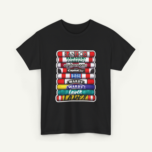 A black t-shirt with a graphic design featuring a stack of colorful tubes or bars, each representing a different brand or company.