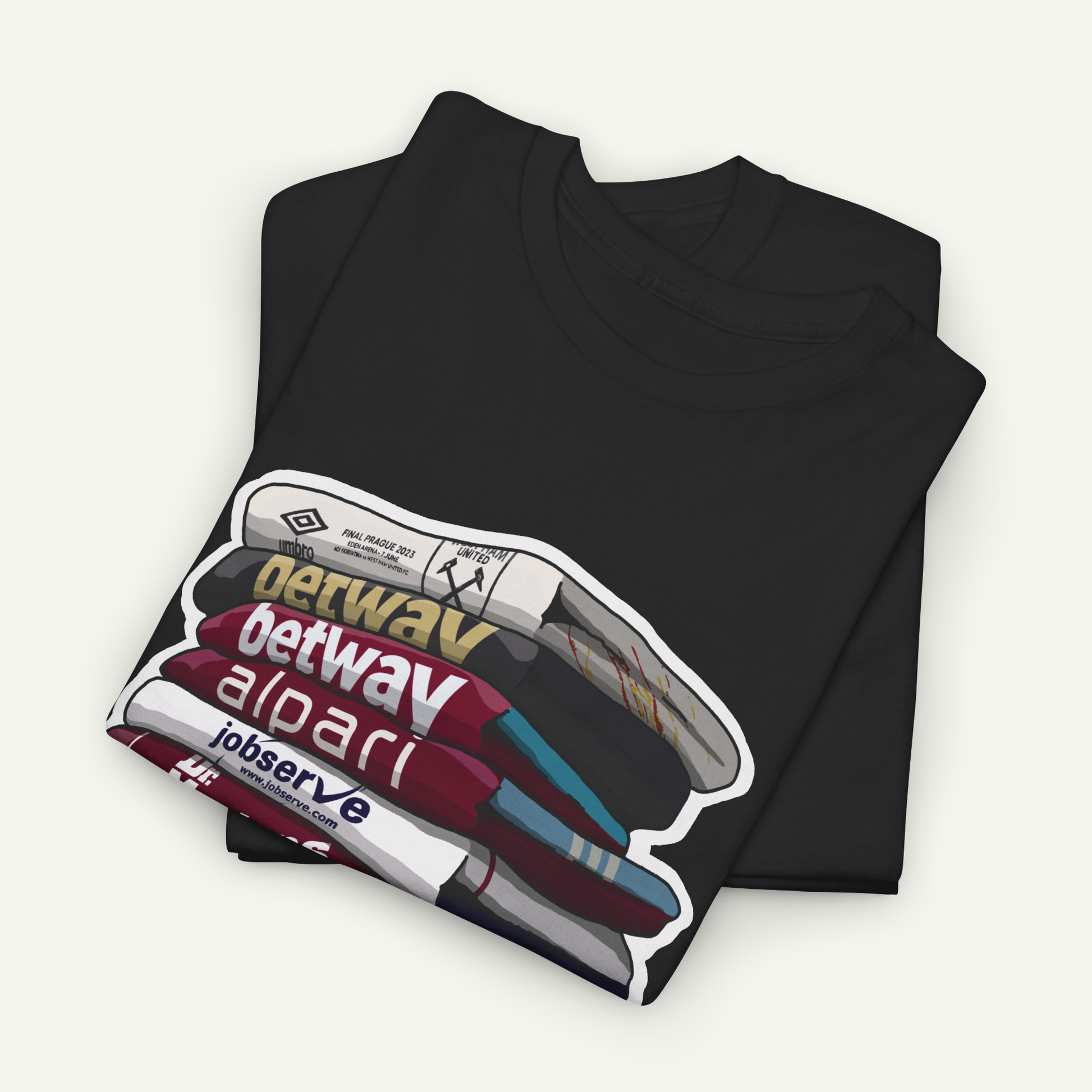 A black t-shirt with a graphic design depicting a stack of books and the text "betway" printed on it.