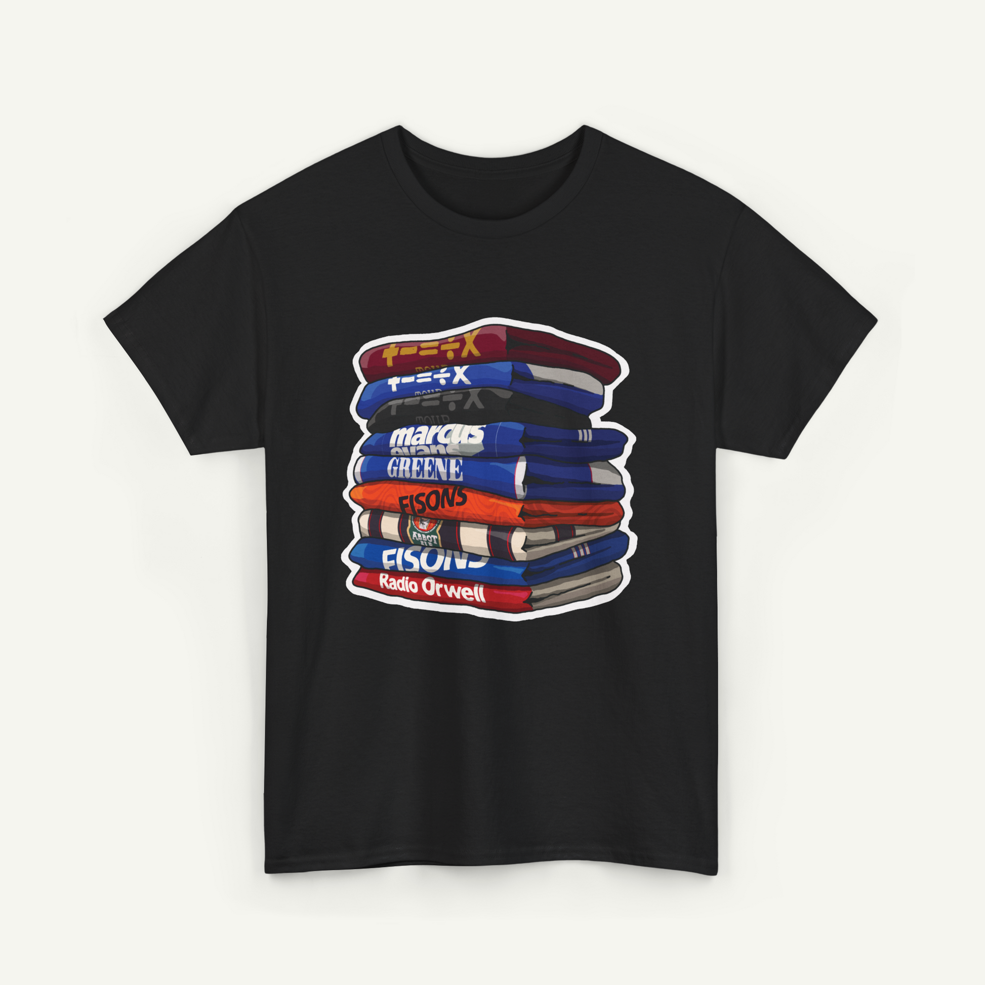 A black t-shirt with a graphic design depicting a stack of colorful books.