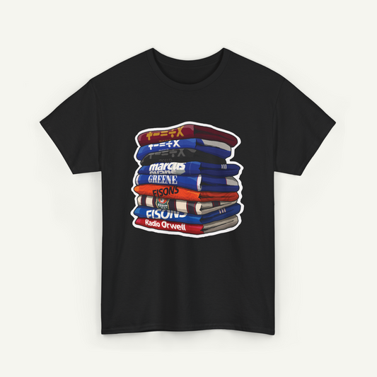 A black t-shirt with a graphic design depicting a stack of colorful books.