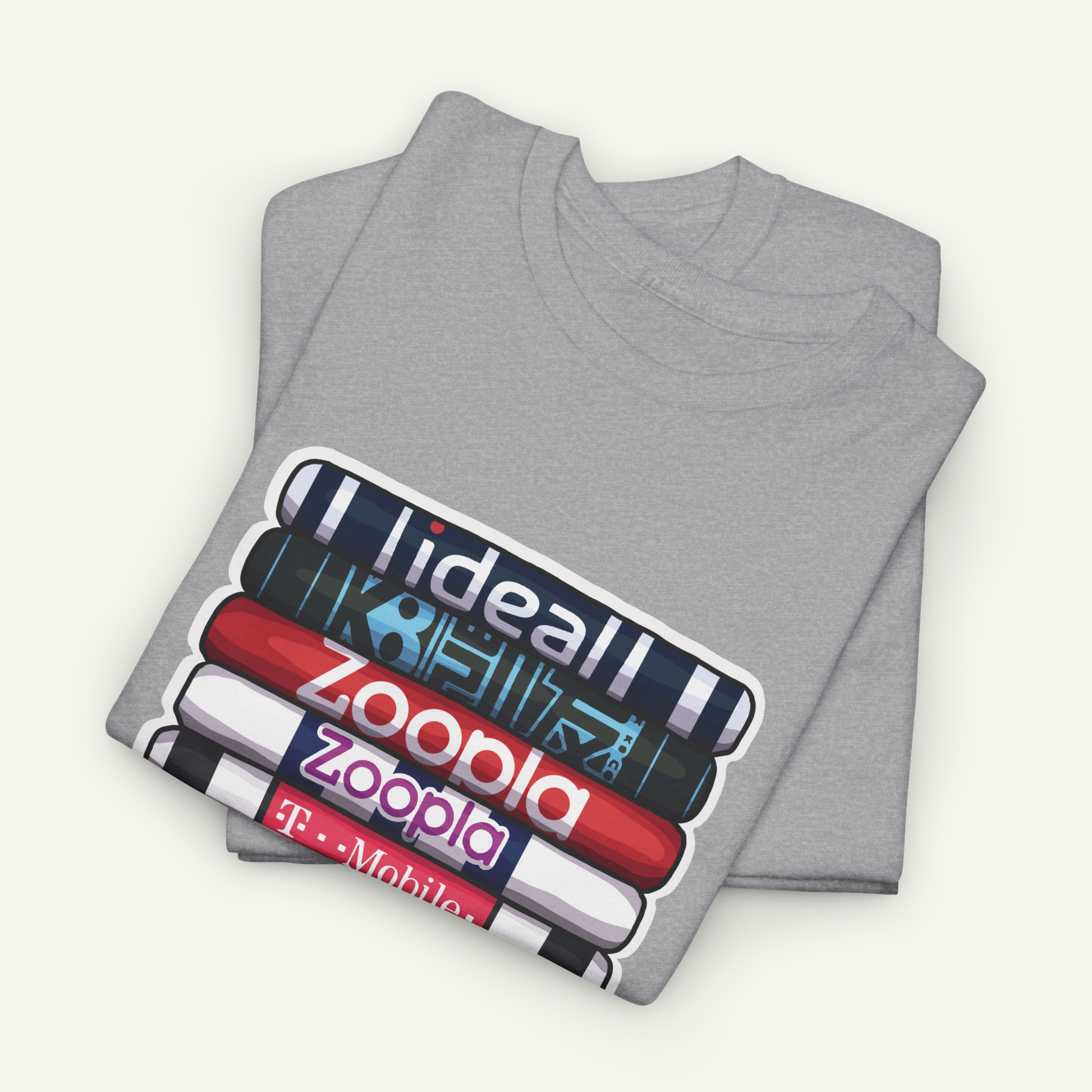 A gray t-shirt with a graphic design featuring a stack of colorful tubes or bottles, each with a different logo or text on it.