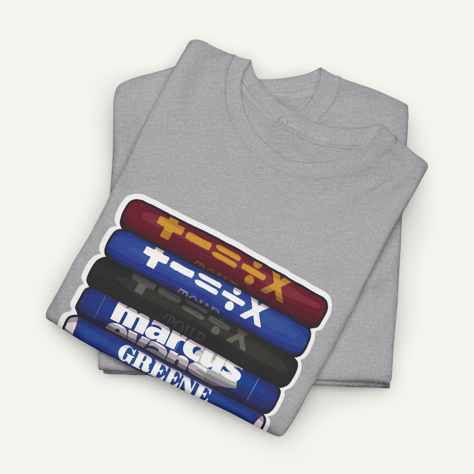 A gray t-shirt with a graphic design featuring a stack of colorful tubes or bottles with Japanese text on them.