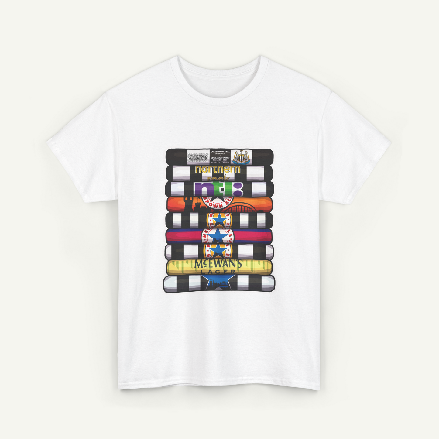A white t-shirt with a graphic design featuring a stack of colorful video tapes or tapes with various logos and text on them.