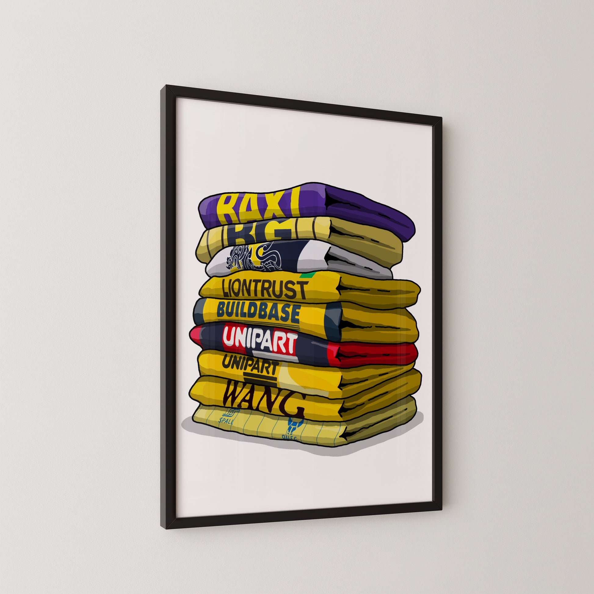 A framed illustration of a stack of colorful books or books with various text on their covers.