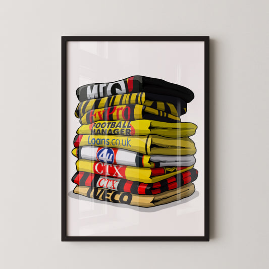 A framed illustration of a stack of colorful towels or blankets, with various text and logos printed on them.