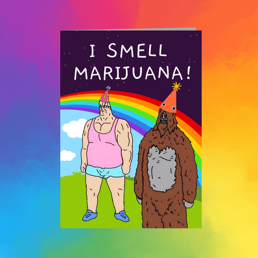 a cartoon-style illustration of two anthropomorphic animals, a bear and a man, standing together in a colorful, rainbow-colored background. The text above the illustration reads "I SMELL MARIJUANA!"