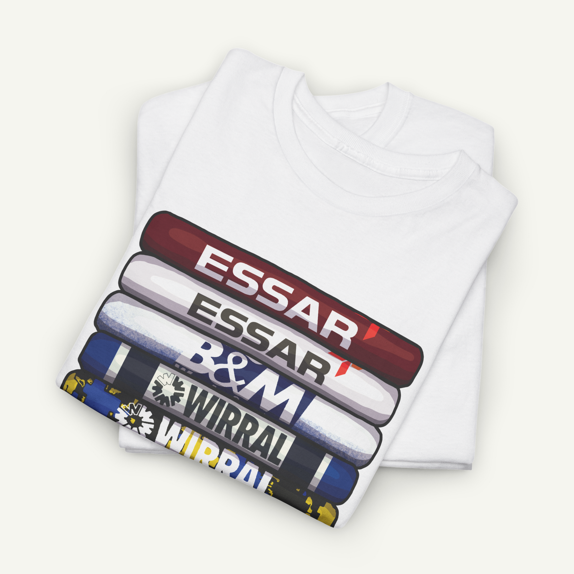 A white t-shirt with a graphic design featuring a stack of colorful tubes or cylinders with the text "ESSAR" printed on them.