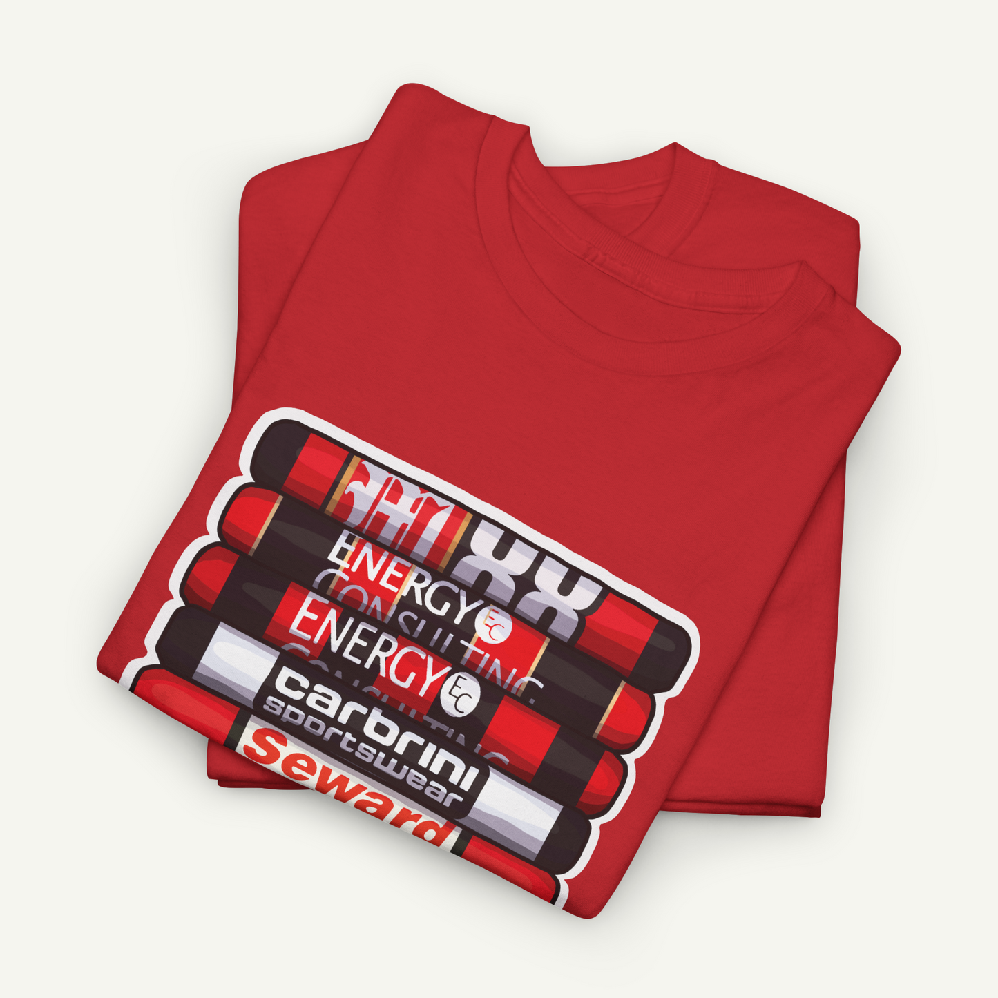 A red t-shirt with a graphic design featuring a stack of red and black tubes with the text "CARBRILL" printed on them.